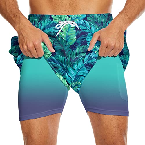 Hawaiian Shorts Men's Swim Trunks with Compression Liner Tropical Palm Leaves Men Swimming Trunks Bathing Suits3