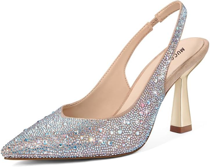 MUCCCUTE Kitten Heels for Women Slingback Heels Pointed Toe Pumps Rhinestones Pearls Stiletto Sparkly Bridal Sandals for Wedding Prom Dating