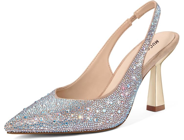 MUCCCUTE Kitten Heels for Women Slingback Heels Pointed Toe Pumps Rhinestones Pearls Stiletto Sparkly Bridal Sandals for Wedding Prom Dating