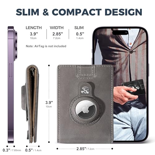 Slim Wallet for Men with AirTag Holder RFID Blocking Bifold Genuine Leather Minimalist Money Clip Pull Strap Easy Card Pullout (Petoskey Gray/Beige TWO-TONE)3