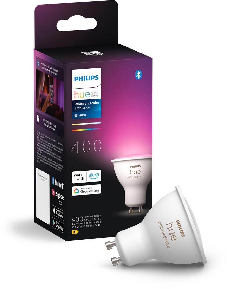 Philips HueGU10 Smart Lamp, White and Coloured Light, 1 Pack, Bluetooth Compatible, Voice Control with Alexa, Apple Home and Google Assistant