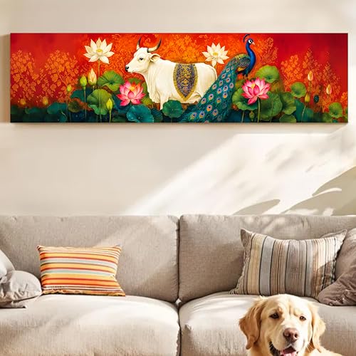Image of Modern Pichwai Kamdhenu Cow Stretched Canvas Wall Art Painting for Living Room, Horizontal Pichwai Peacock Canvas Wall Decor For Livingroom, Bedroom, Office, Hallway's, Hotel 12x46 Inch