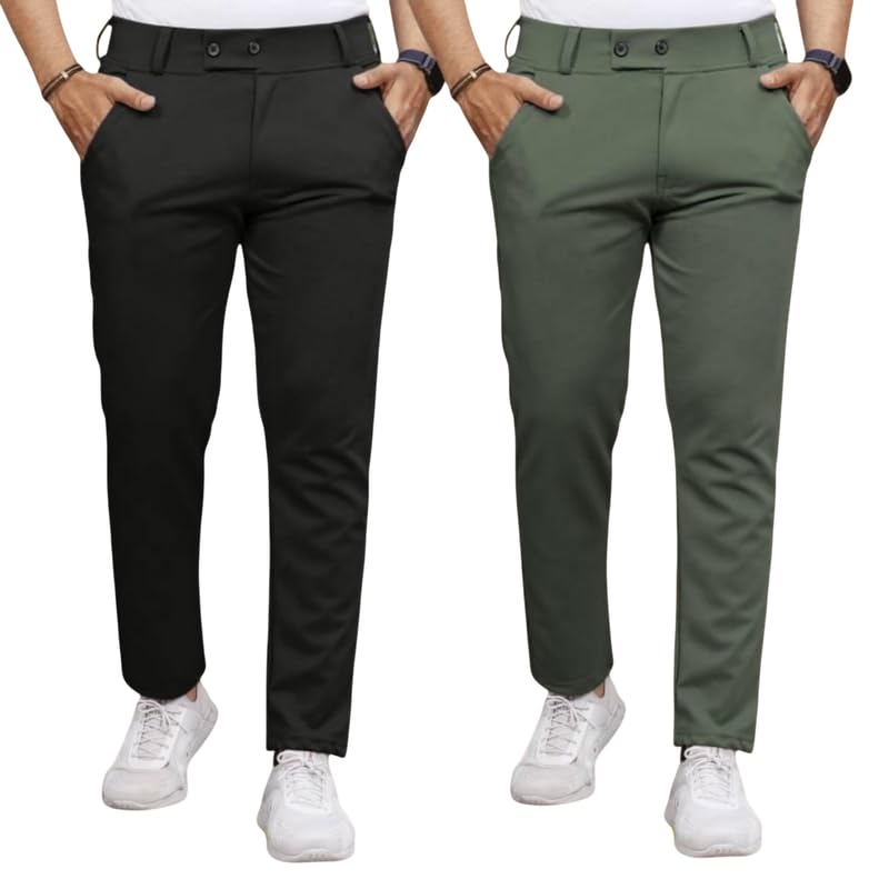Image of Men Fit Stretch Trousers with Side Pockets | 2-Button Closure | Soft Lycra Blend for Casual & Formal Use