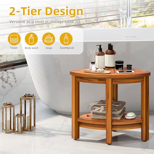 DWVO-Teak-Shower-Bench-18-Shower-Stool-Corner-Bench-with-Storage-Shelf-Corner-Seat-for-Inside-Shower-Shower-Stool-Seat-with-Non-Slip-Feet-for-Bathroom-Living-Room-Indoor-and-Outdoor-Use