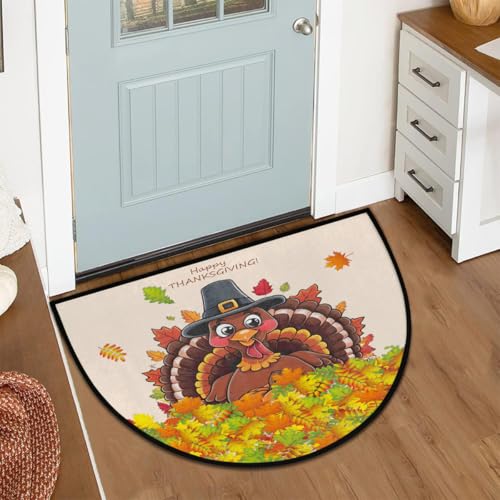 Image of cfpolar Half Round Door Mat Thanksgiving Turkey Autumn Non-Slip Semi Circle Area Rug Washable Half Moon Hearth Rugs for Indoor Outdoor Bathroom Kitchen Patio Runner Mat Laundry Room Home Decoration