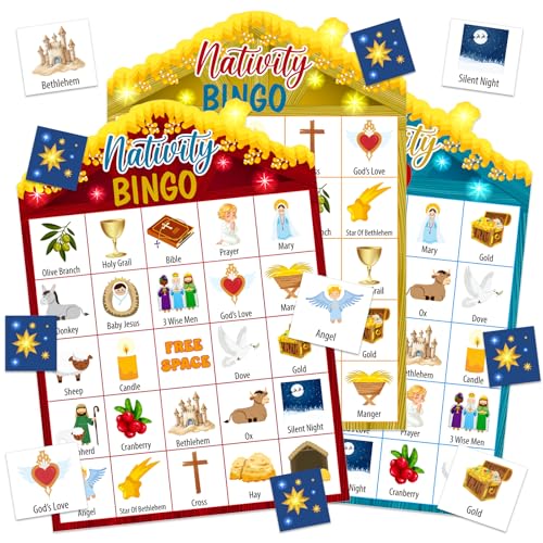 BIZIBAFF Jogo de bingo de Natal para crianças e adultos - 24 jogadores, cartões de bingo de presépio cristão - Jogos religiosos da Bíblia para sala de aula em família, atividades de Natal