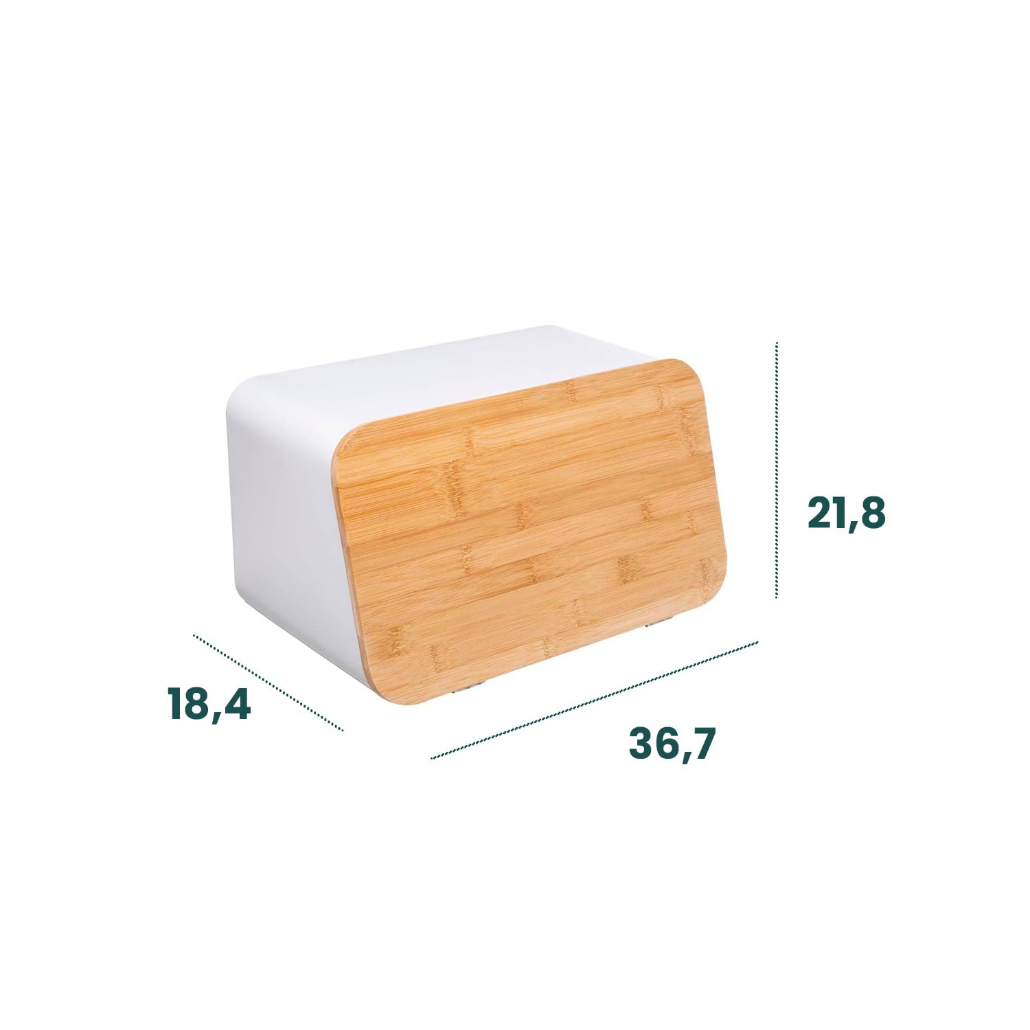 Avilia Panera con tabla de cortar – Caja para el pan con tabla de cortar de metal y bambú, 36,7 x 18,4 x 21,8 cm, blanco y marrón