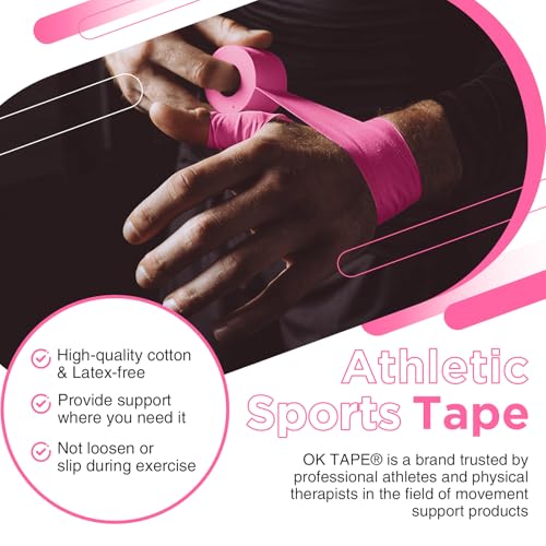 Image of OK TAPE Athletic Sports Tape(4 Packs) Pink- 32.8ft Per Roll Athletic Tape for Injuries,Strong Stick No Residue Athlete & Sport Trainers First Aid Injury Wrap, Hockey Stick