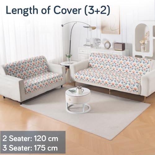 Image of HOKIPO Folk Garden Quilted Sofa Cover 3 Seater and 2 Seater with Tassels Set - 5 Seater Sofa Cover (3+2) for Seat & Back | 'Tassel Twigs' Series (IN-991-T9 + IN-990-T9)