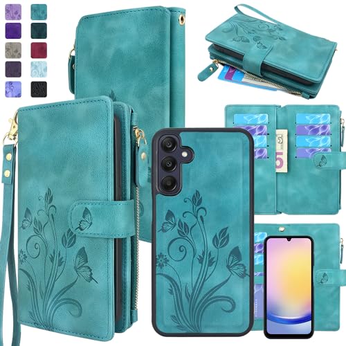 Lacass Case Wallet for Samsung Galaxy A25 5G, [12 Card Slots] ID Credit Cash Holder Zipper Pocket Detachable Leather Wallet Cover with Wrist Strap Lanyard?Floral Blue Green?