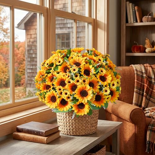 Image of Artificial Sunflowers for Outdoors, 10 Bunches Fake Sunflowers Artificial Flowers for Outdoors Decor, UV Resistant Realistic Faux Silk Flowers Bouquet for Outside Planter Porch Patio Garden Home Decor