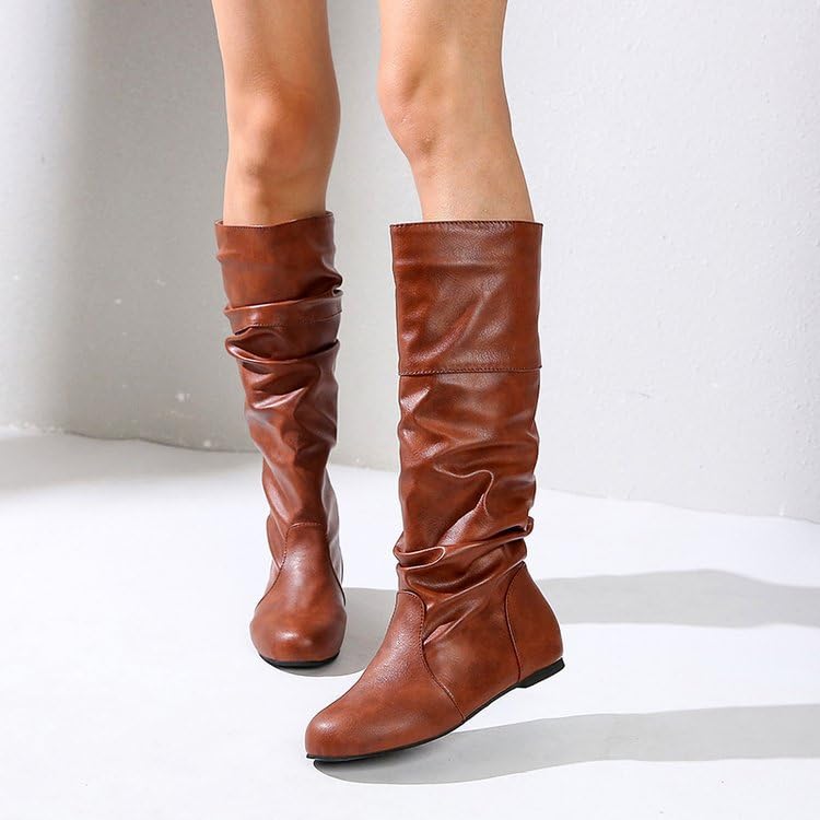 Women's Slouchy Mid Calf to Knee High Boots -Flat PU Leather Round Toe Slip On Winter Fall Dress Boots3