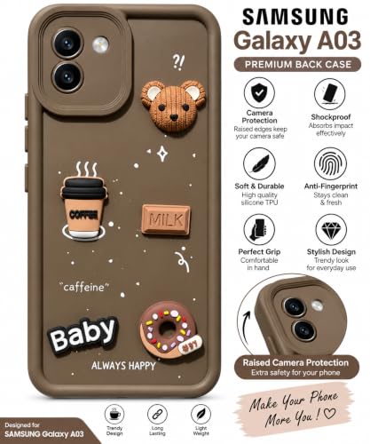 Image of Bintage Back Cover Compatible for Samsung A03 -SM-A035F | Cute Fun Ball | 3D Taddy Smiley Coffee | Milk Case | Full Body Protection - Brown