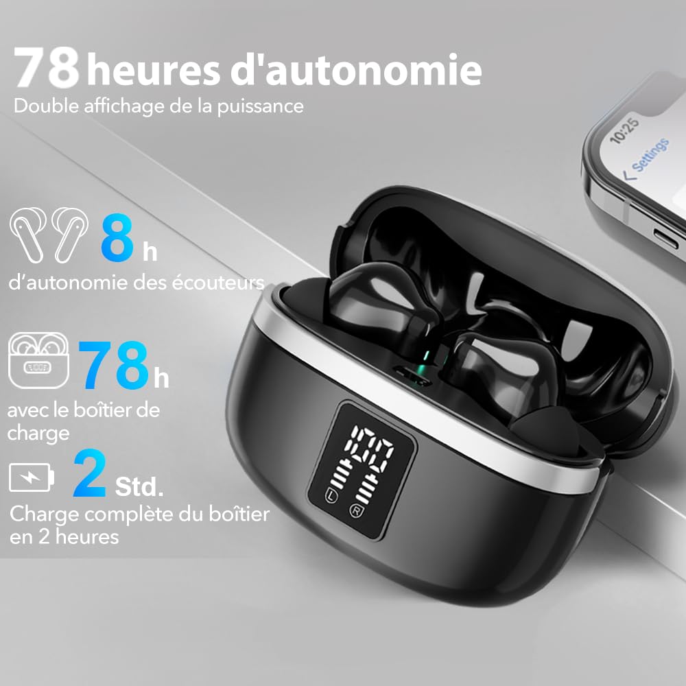 Ecouteurs Bluetooth sans Fil, Écouteurs sans Fil Bluetooth 5.3, 4 Micro ENC Anti Bruit, Basses Puissantes, 60H de Lecture, étanchéité IPX7, Oreillette pour iphone Android (Noir Profond)