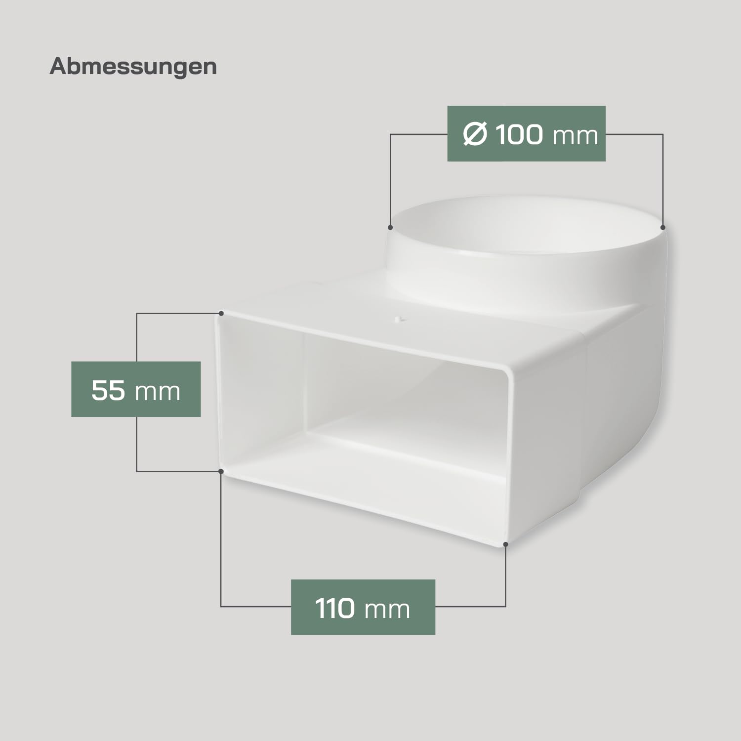 Vent Systems 220 x 55 mm do Ø 100 mm, adapter kątowy 90° – białe tworzywo sztuczne łącznik rurowy prostokątny do okrągłego – odporny na wysokie temperatury, hermetyczne przejście do kuchni, łazienki
