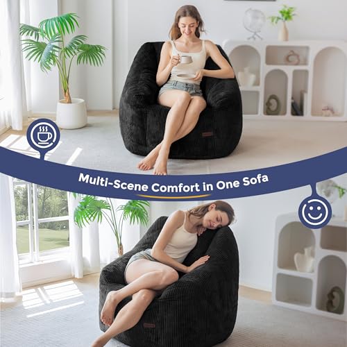Image of MAXYOYO Bean Bag Chair, Bean Bag Sofa with Filler, Cozy Living Room Chair for Adults and Kids, Stuffed Floor Sofa for Bedroom Dorm Reading, Black