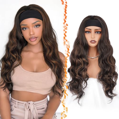 BARSDAR 66 cm golvende hoofdbandpruik, bruin met auburn highlight