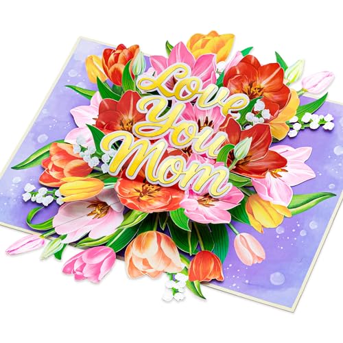 Image of POPWOW Floral Love You Mom Tulip Pop Up Card, 3D Popup Greeting Card, Gift For Mothers Day, Birthday, Valentines Day, Mother, Stepmom, Mother in Law, 5x7 - Includes Envelope And Message Note