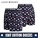 Lucky Brand Mens Underwear Boxer Shorts - 4 Pack Super Soft Knit 4'' Inseam Relaxed Fit Cotton Boxers for Men with Button Fly, Size Medium, Vintage Indigo/Stripe/Heather Grey/Indigo Print