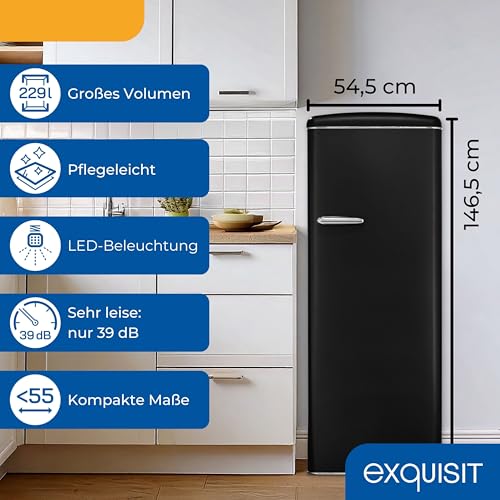Exquisit Retro-Kühlschrank, ohne Gefrierfach, 229 Liter, groß, 5 Ablagen, Gemüsefach, Temperaturregelung, RKS325-V-H-161E mattschwarz