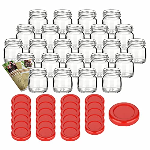 gouveo Lot de 24 mini bocaux de conservation avec couvercle à visser - Rouge - 40 ml - Mini bocaux de conservation avec couvercle à visser TO43 - Bocaux à confiture, bocaux à épices, bocaux à épices Cover