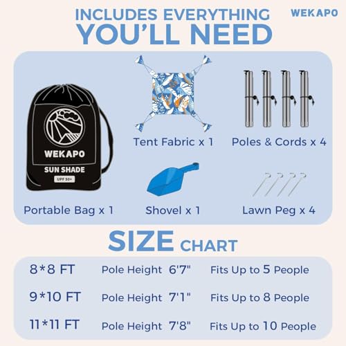 Image of WEKAPO Beach Tent Sun Shelter - Easy Setup Beach Canopy with 4 Sturdy Poles, Large Sandbags and Shovel, 7'1'' Tall, Windproof Sun Shade for Backyard and Camping, UPF 50+ Protection