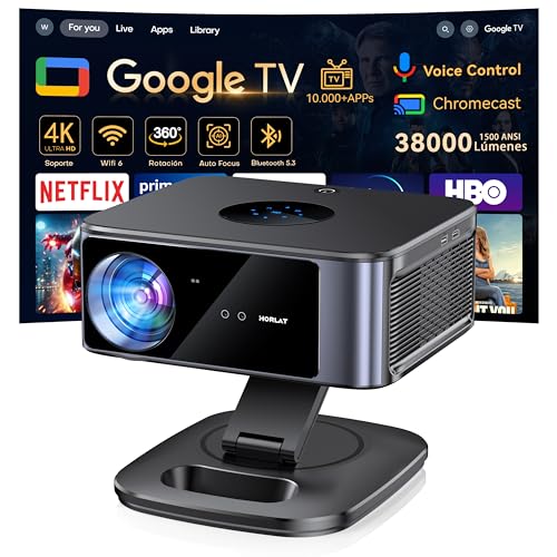 Proyector 4K【1500 ANSI/Google TV/Netflix Oficial】 Horlat 38000Lúmenes Proyector Portatil, Gira 360 °,Full HD 1080P Nativo, WiFi6 &Bluetooth 5.3, Control de Voz Projector en Casa/Exterior