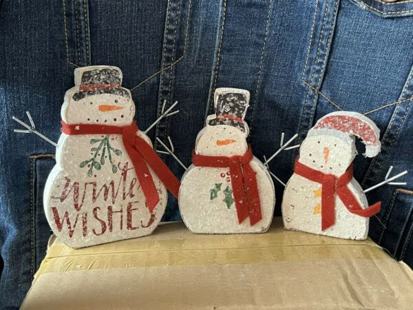 Primitives Supplies for Snowman Winter Wishes Chunky Wood Shelf Sitter Primitive Christmas Mica Set of 3 for Holiday Kitchen Farhouse Home Decor