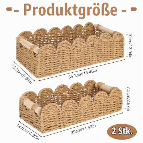 2 Stück Aufbewahrungskorb Geflochten, 2 Größen Korb Geflochten mit Holz Griffen, Handgemachte Geflochtene Körbe, Korb Aufbewahrung Geflochten für Schlafzimmer, Wohnzimmer, Badezimmer – Bild 2