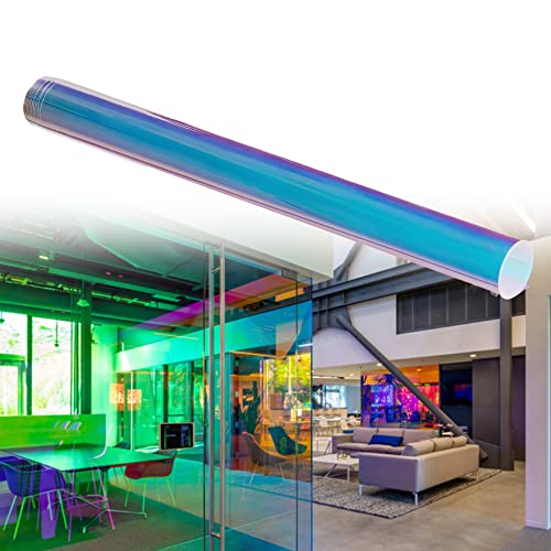 Blue Chameleon Window Film Daytime Privacy Reflective Window Tint Holographic Rainbow Effect Window Film Sun Blocking Blackout Window Film, 19.68'' X 118.11'' #TOP4