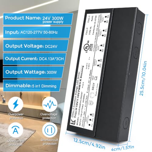 Image of 24V 300W Dimmable LED Driver, 5-in-1 Triac /ELV /MLV /0-10V /1-10V /PWM /V-R Dimming AC to DC Power Supply, IP67 Waterproof LED Transformer, UL Listed, Compatible with Lutron & Leviton Dimmer