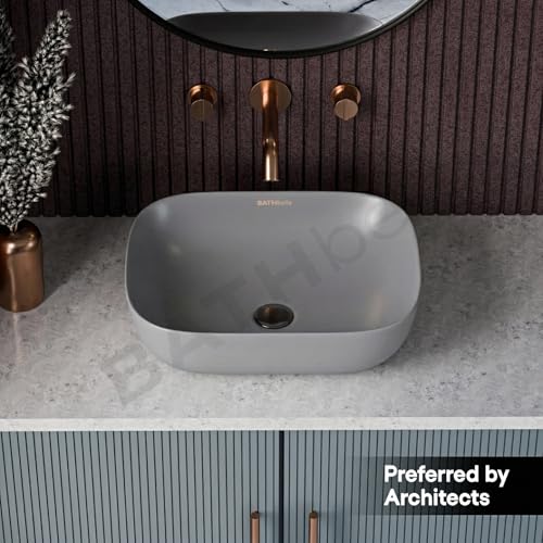 Image of Designer Ceramic Wash Basin For Bathroom | Over Counter Bathroom Basin | Counter Top Bathroom Sink | Wash Basin For Restaurant, Hotel (18 x13 x 5 Inch) (13x18 Grey)