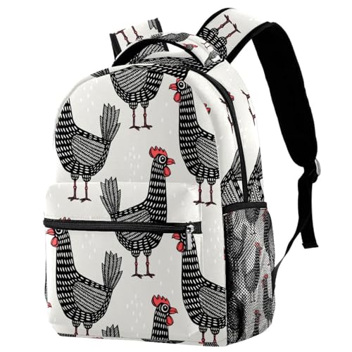 Sac à dos d'école filles et garçons avec motif poules noires, grand sac de voyage