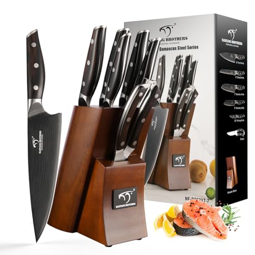 Image of NANFANG BROTHERS 7-Piece Damascus Knife Set with VG10 Core Blades, 67-Layer Damascus Steel, Black Titanium Coated Kitchen Knives for Polished Ebony Wood Handle, Ultra Sharp Chef Knife Set