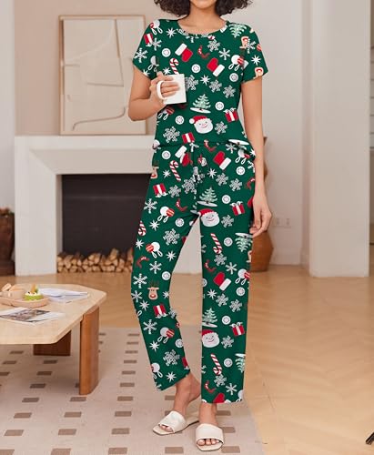 Image of Ekouaer Pajama Sets for Women Round Neck Pjs Short Sleeve Sleepwear with Long Pants Loose Lounge Sets Green Christmas X-Large