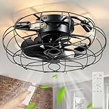 Vitnucrol Small Caged Ceiling Fans with Light and Remote, 18'' Black Vintage Flush Mount Industrial Ceiling Fan Light Fixture, Enclosed Farmhouse Fan Light for Bedroom Kitchen Livingroom Dining Room