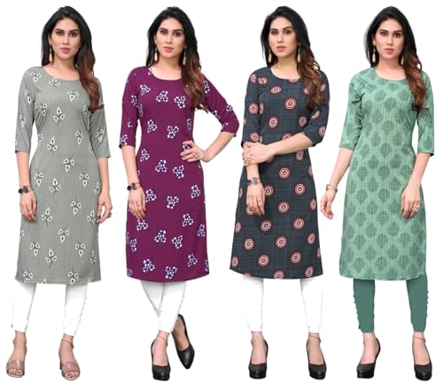 Image of JAKHANA Women's Crepe Printed Casual Straight Calf Length Round Nick Kurta Pack of 4