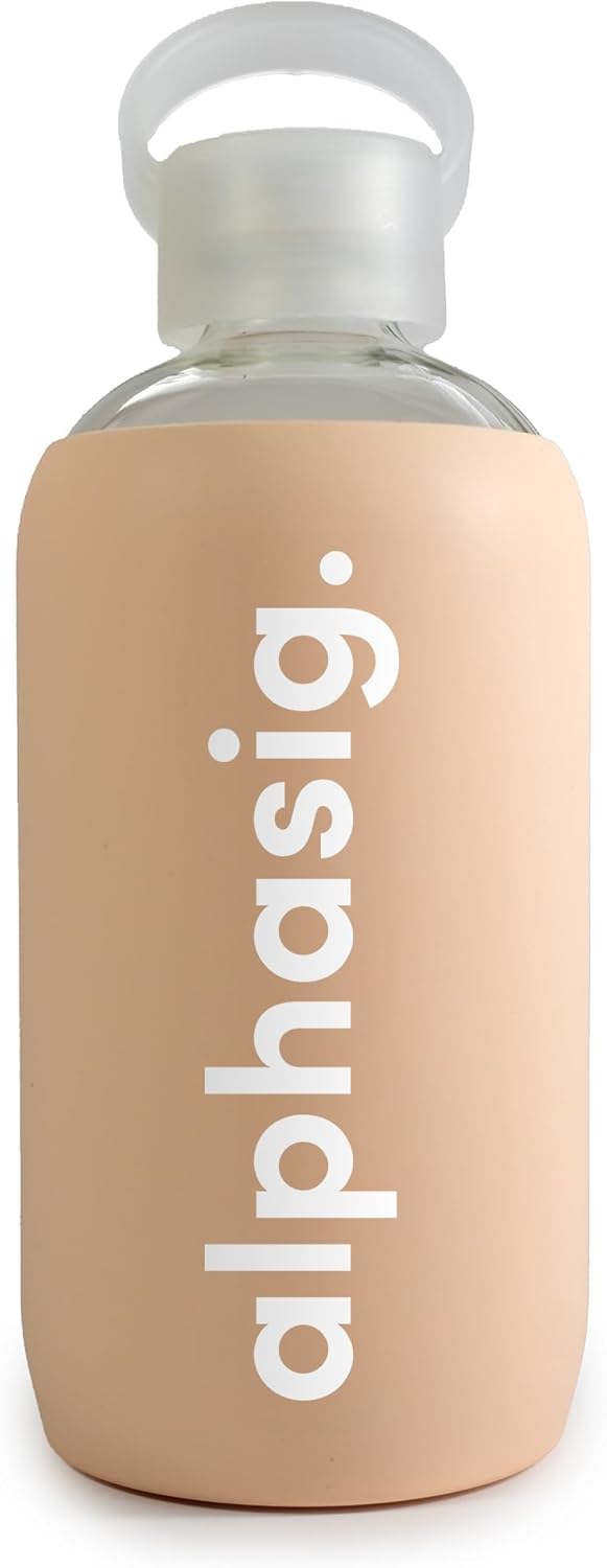 Sorority Shop Alpha Sigma Alpha Glass Water Bottle with Silicone Sleeve - 16 Oz Glass Water Bottle, Reusable Glass Water or Juice Bottle with Cap