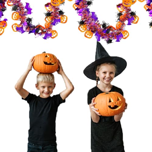 Image of 66 Ft Halloween Tinsel Garland with Orange Pumpkin Black Spider Purple Bat Glitter Tinsel Garland for Home Tree Ornaments Indoor Outdoor Party Halloween Decorations