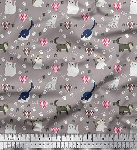 Soimoi Grau Baumwoll-Popeline Stoff Herz, Fuuabdruck & Katze Tier Dekor Stoff gedruckt 1 Meter 42 Zoll breit Cover