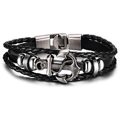 Preisvergleich Produktbild Anker Armband,Keewonda Freundschaft Armbänder Legierung Leder Edelstahl Wish Armbänder für Männer Frau Damen - schwarz