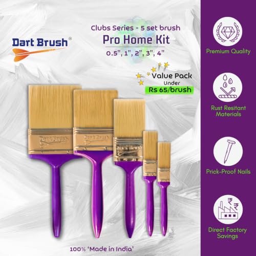 Image of 5 Pcs Paint Brush Set (Pro Home Kit 0.5 inch 1 inch 2 inch 3 inch 4 inch) | No-Shed Premium Filaments, Rust-Resistant Goldish Ferrules, & Skin-Safe Handle Nails.