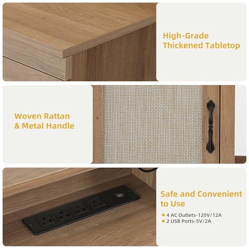 Image of DWVO L Shaped Desk with Drawers, 65 inch Corner Desk Computer Desk with Power Outlets & LED Lights, Home Office Desk with Storage Shelves & Printer Stand, Light Brown
