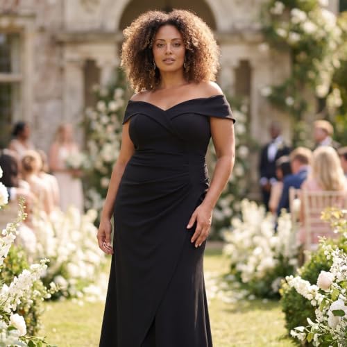 Image of Alex Evenings Women's Off the Shoulder Stretch Crepe Dress with Fishtail Back, Floor Length Mother of the Bride Dress