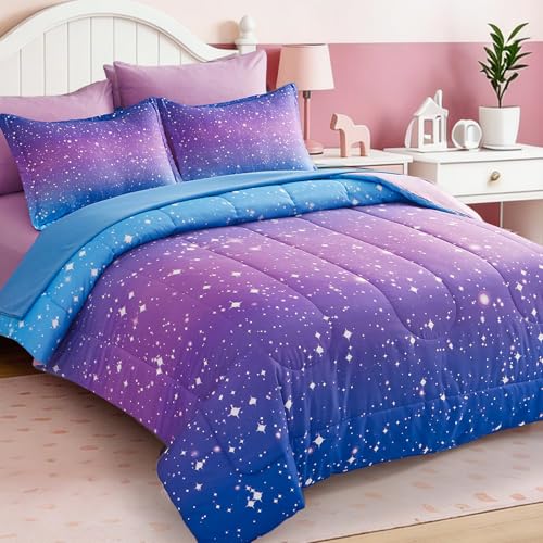 Image of Dinjoy Girls Comforter Set 7 Pieces, Queen Size Colorful Ombre Rainbow Bedding Set, Bed in A Bag for Kid Teen Girls (1 Comforter, 1 Flat Sheet, 1 Fitted Sheet, 2 Pillow Shams, 2 Pillowcases)