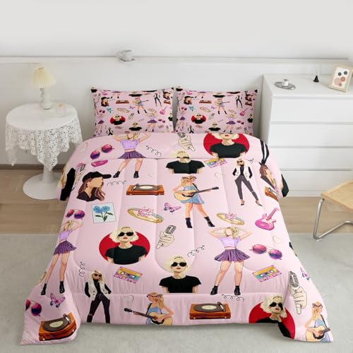 jejeloiu Music Bedding Set Twin Size Girls Singer Comforter Gifts for Women Music Lovers Girly Guitar Comforter Set Coworker Sister Friends Bed Set with 1 Comforter, 1 Pillow Case Pink Room Decor