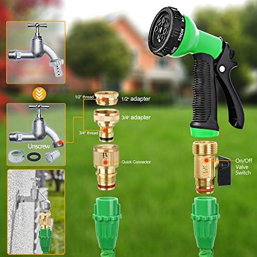 HOMOZE Hose Pipe Expandable Garden Hose Pipe 100FT Expanding Flexible Hosepipe with Brass Fittings/Quick Connector/8 Function Spray Gun/Garden Hose Storage Bag (100FT, Green