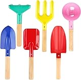 UMUACCAN Beach Toys for Kids, 6Pcs 8'' Kids Gardening Tools Sand Toys Set, Metal Garden Tools with Sturdy Wooden Handle, Cylinder, Spoon, Fork, Rake, Flat & Pointed Shovel, Gifts for Children