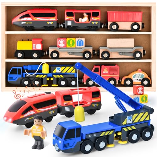 Electric Train Set Toys Wooden Magnetic Cars - Locomotive Auto Reverse/Park/Sound/Light, Gift for 3 4 5 6 Year Old Toddlers Kids Boys Truck Trains Toy, Compatible with Common Wooden Train Tracks