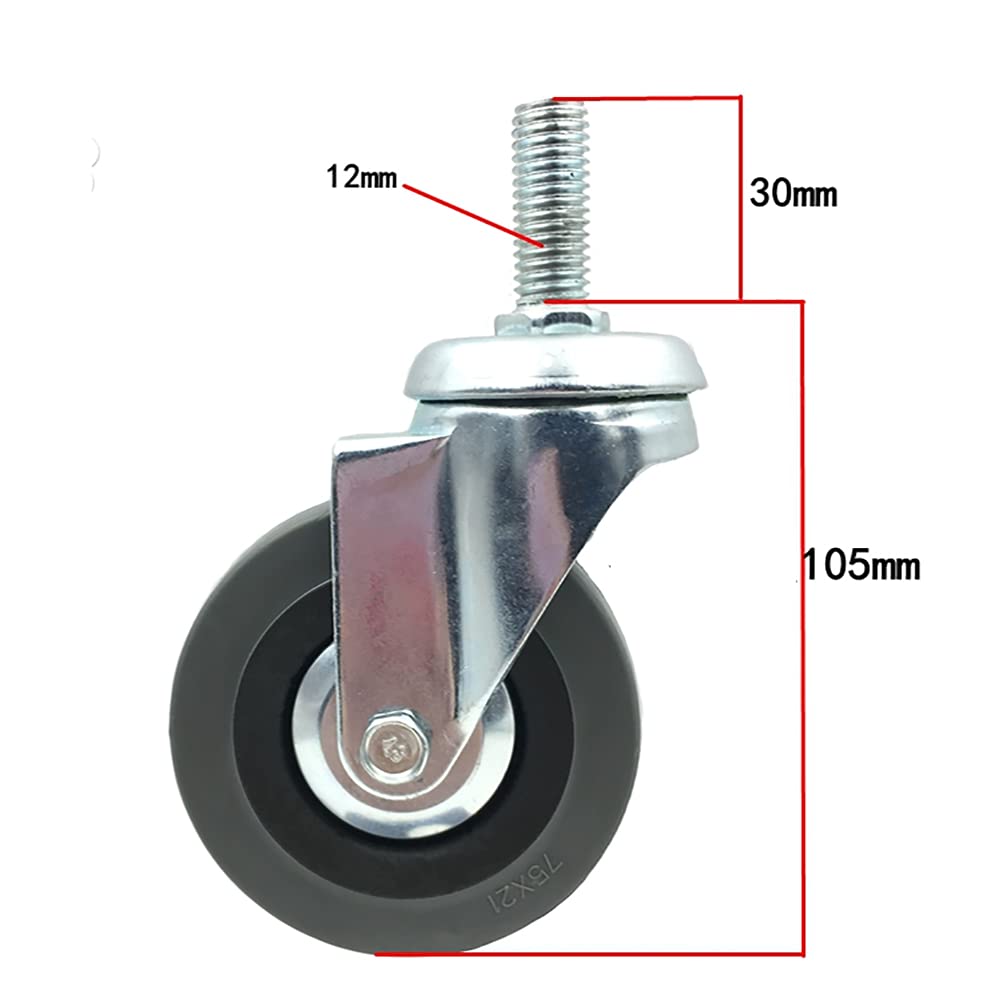 rotelle， Set di 4 ruote con stelo M12 da 3 pollici freno bloccaggio ricambio for carrello for mobili(Gray,Swivel)